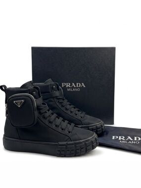 Prada Milano Black High-Top Sneakers with Detachable Pouch size 6.5